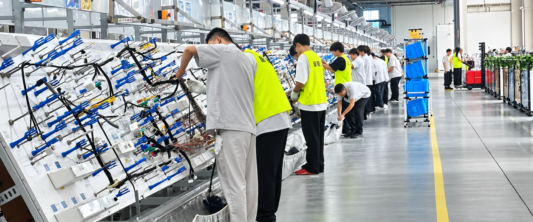Workers assembling wire harnesses on fixture boards along an assembly line