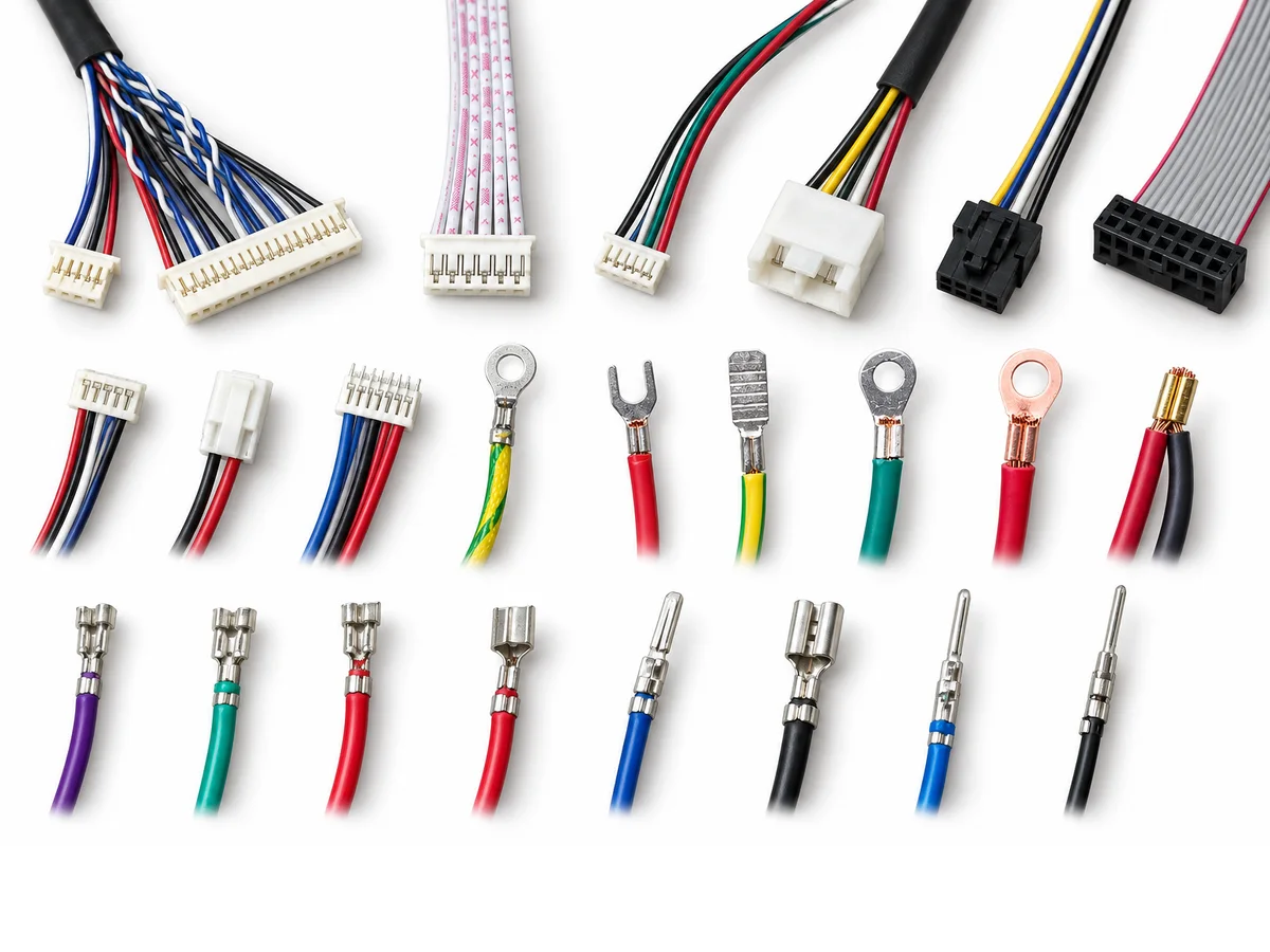 Wire harness connectors, ring and fork terminals, and crimp contacts on a white background