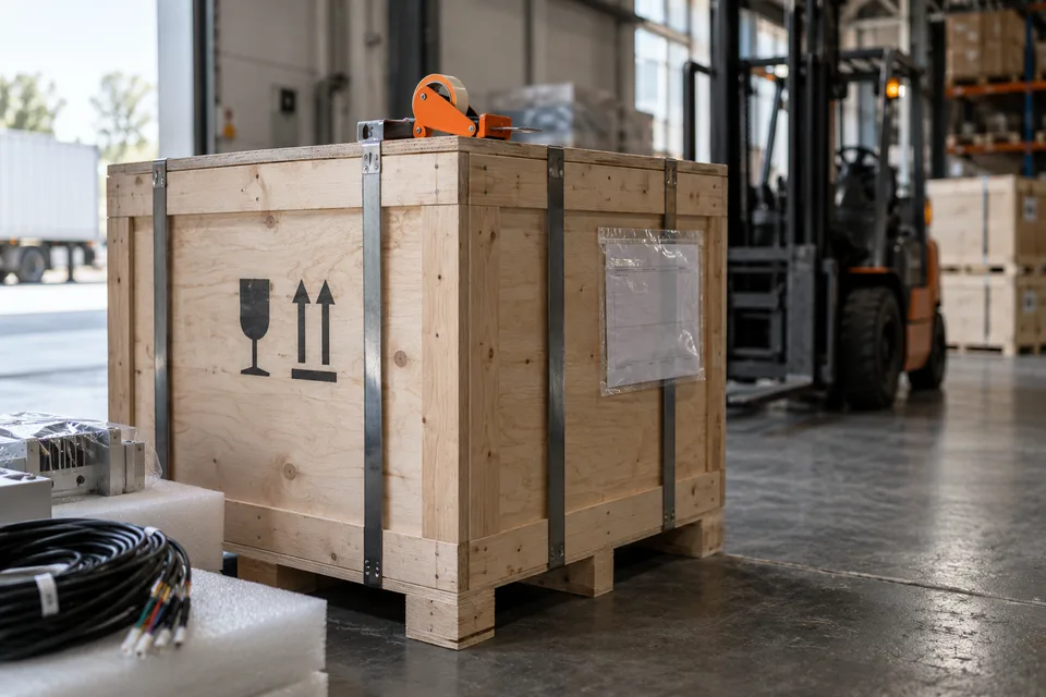 Plywood export crate with steel strapping and shipping documents
