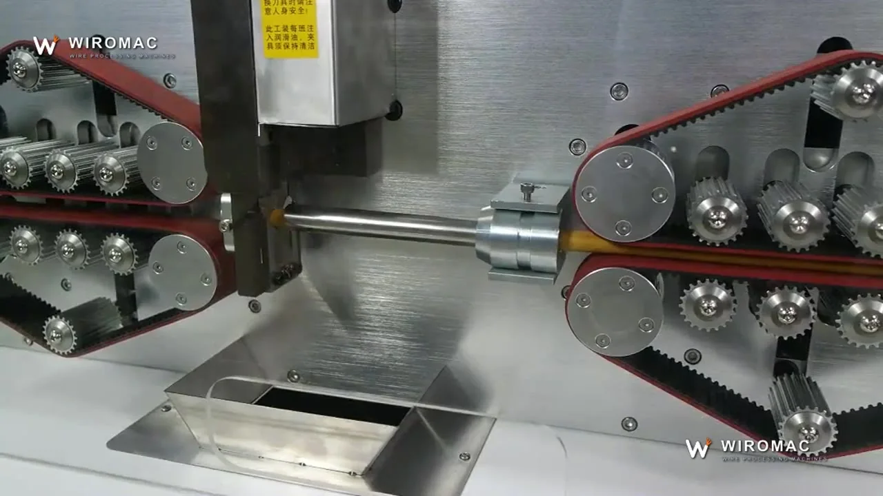 Half-strip on 150 mm² cable: jacket scored and pushed, left on the strands for transport.