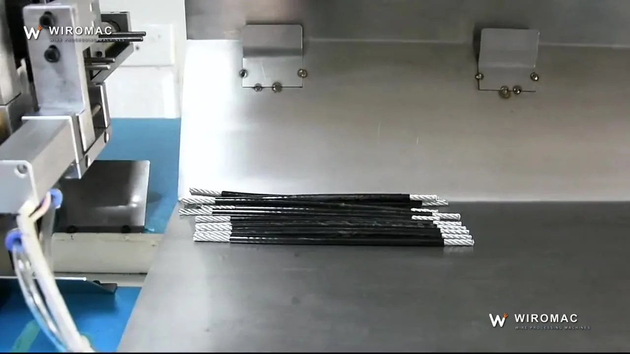 Long leads of sheathed cable cut and stripped inner and outer — bundles fall stripped both ends.
